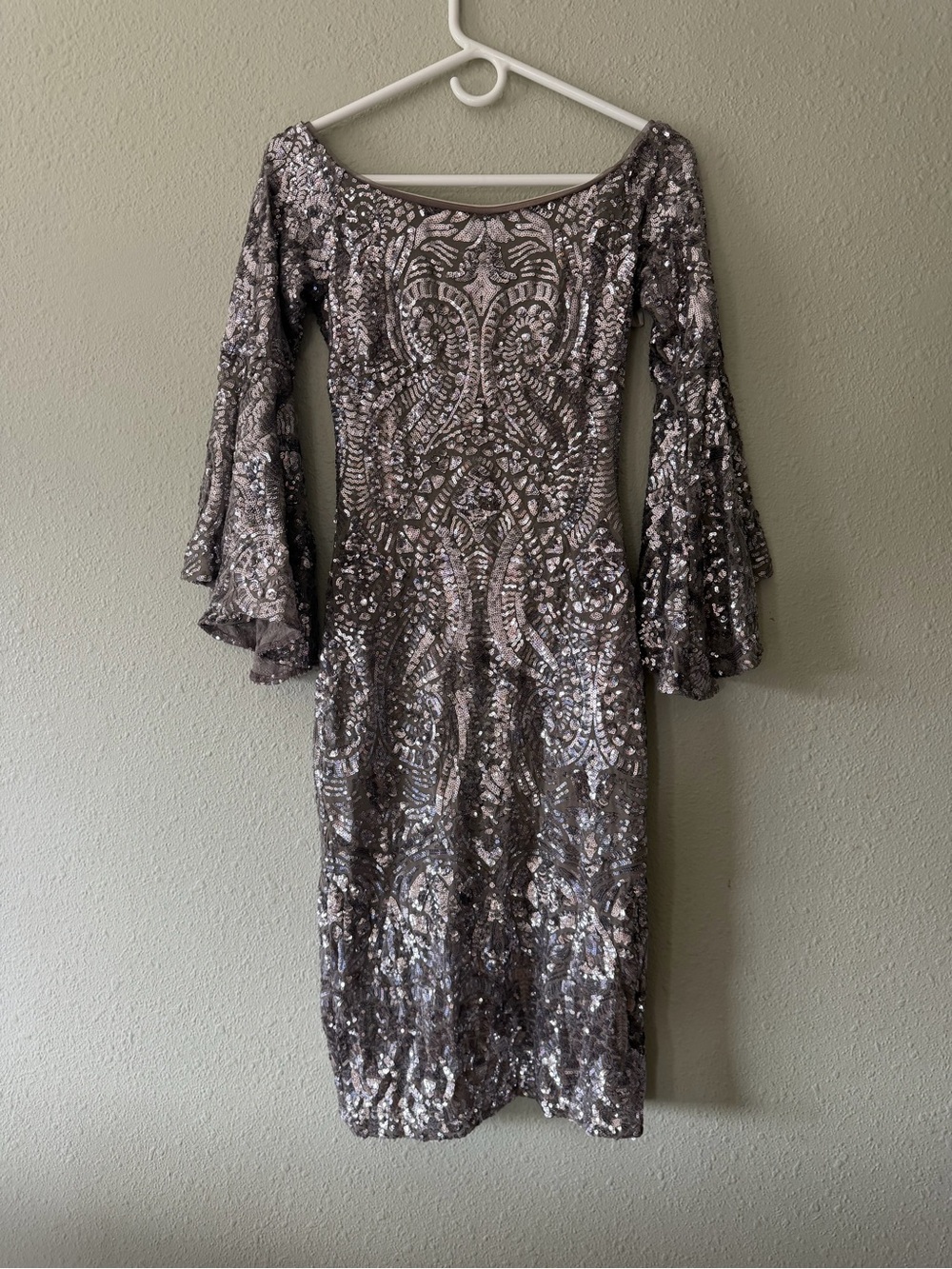 Betsy & Adam Metallic Sequined Bell Sleeve Off-the-Shoulder Dress - Size 4